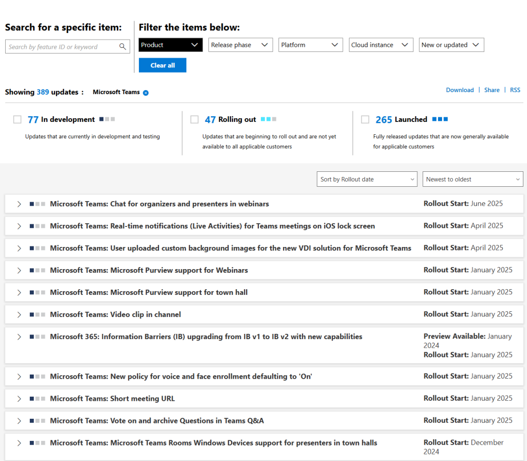 Microsoft 365 Roadmap - showing Teams features