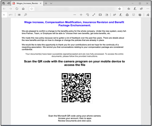 QR code as an image within an attachment sent via email attempting to redirect to a phishing website. (Quishing)