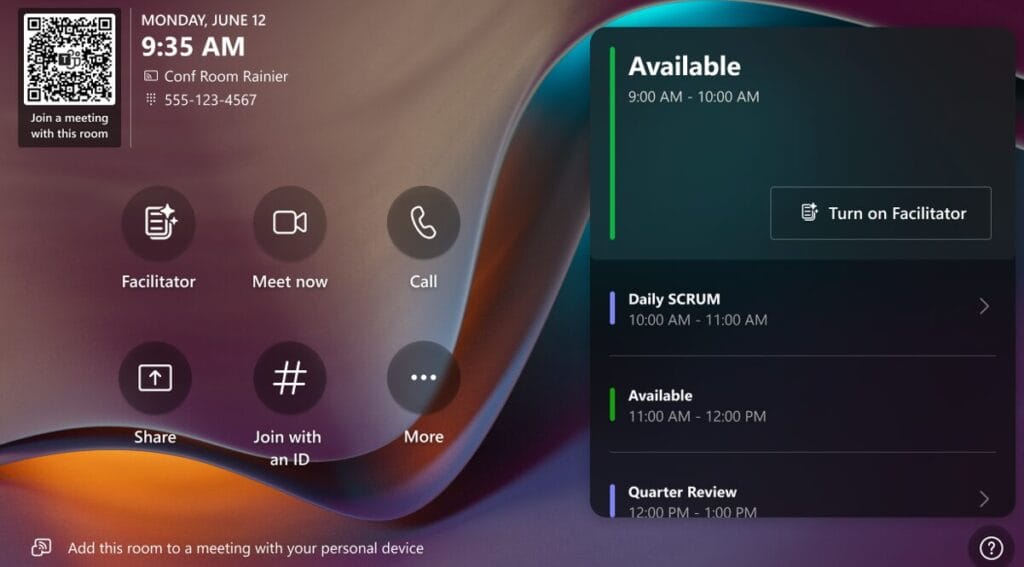 After you perform all of the required steps and the prerequisites have been met, meeting participants will see an icon for Facilitator added to their Teams app and the QR code for Facilitator will be available on the Teams Rooms console.