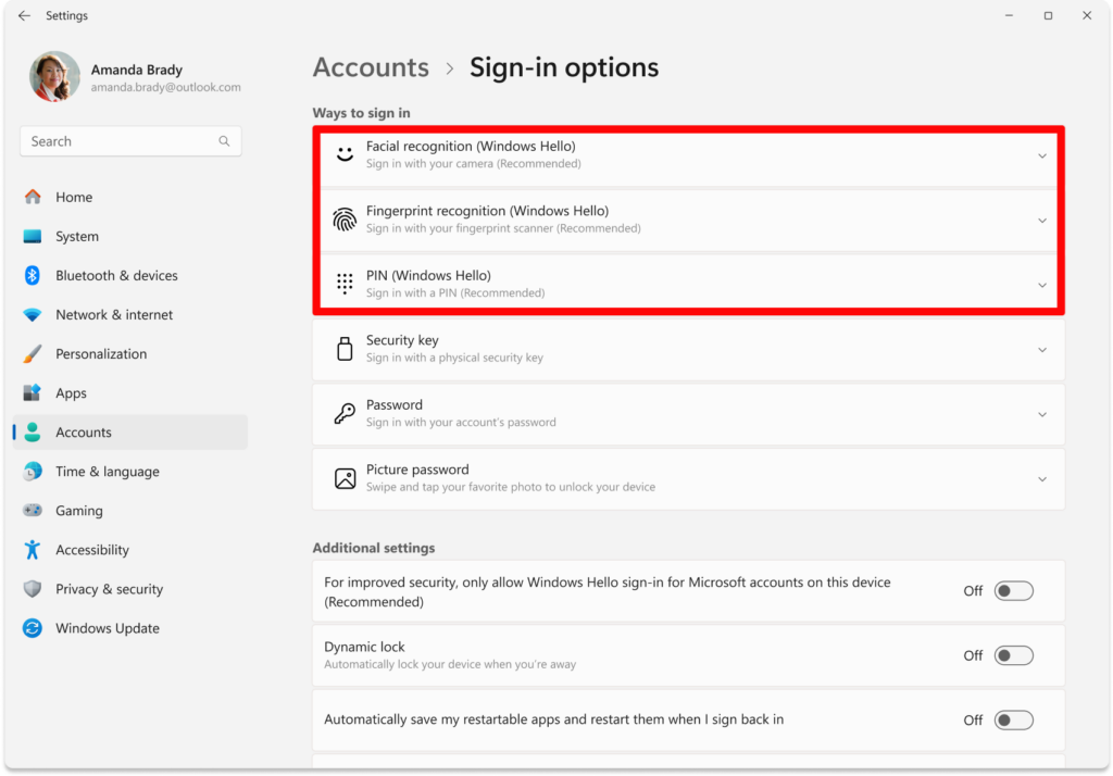 WHfB options include facial recognition, fingerprint and pin authentication