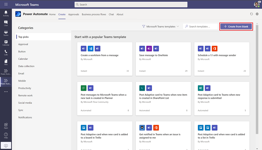 Screenshot of the Microsoft Power Automate interface within Microsoft Teams, displaying automated workflow templates. This visual represents our expert Microsoft 365 support services for custom flow configuration and business process automation.