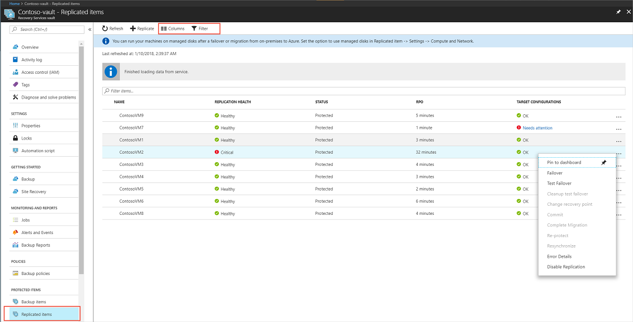 site-recovery-vms A technical screenshot of the Microsoft Azure Recovery Services vault showing the 'Replicated items' dashboard. The view displays a list of virtual machines with their replication health, status, and Recovery Point Objectives (RPO), alongside a dropdown menu featuring options for Failover and Test Failover.