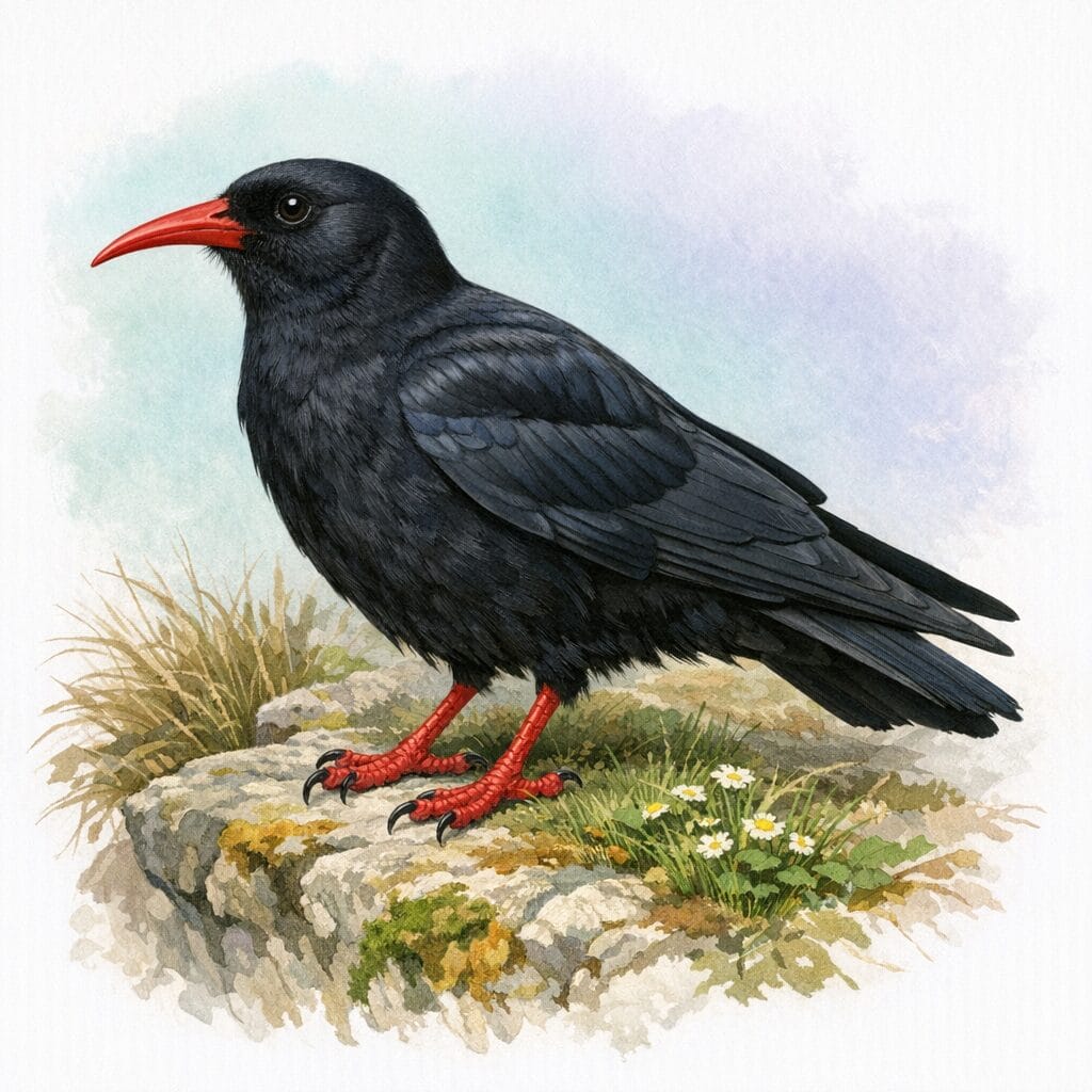 Red-billed Chough — the Isle of Man's national bird, with over 13,900 recorded sightings on the platform. AI-generated illustration, Biosphere Observatory.